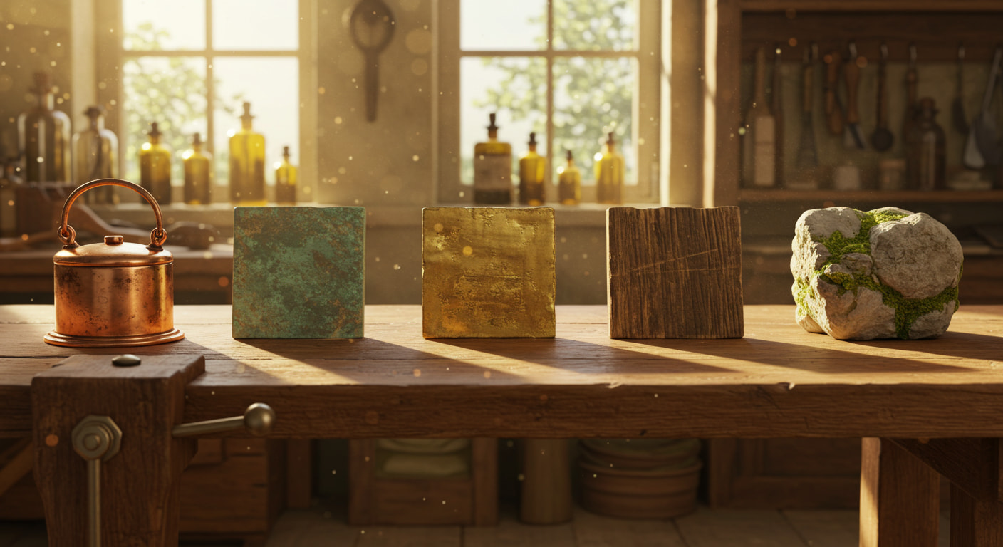 Diferentes materiais mostrando o desenvolvimento de patina ao longo do tempo