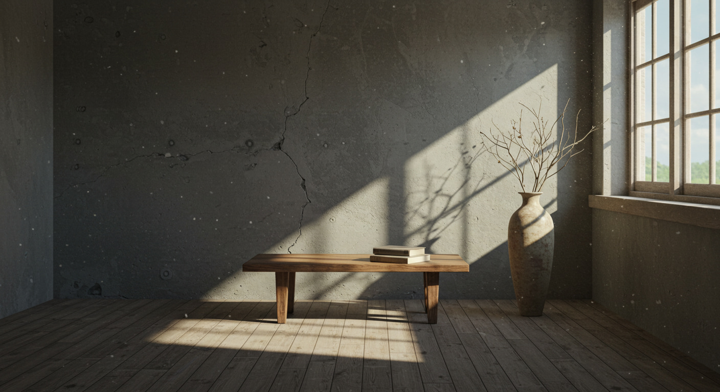 Interior contemporâneo com elementos wabi-sabi integrados à arquitetura moderna